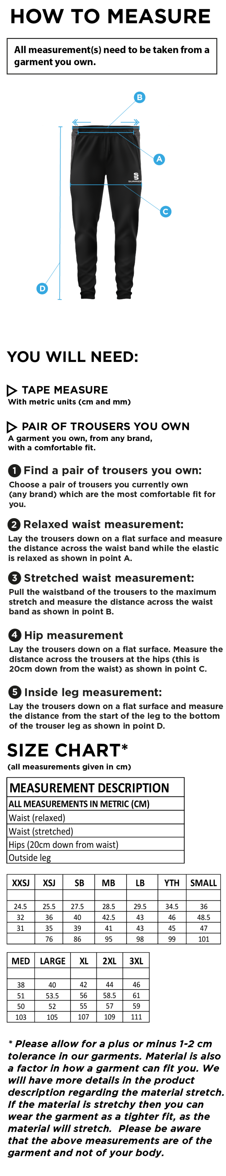 Regents University Tek Pants - Size Guide