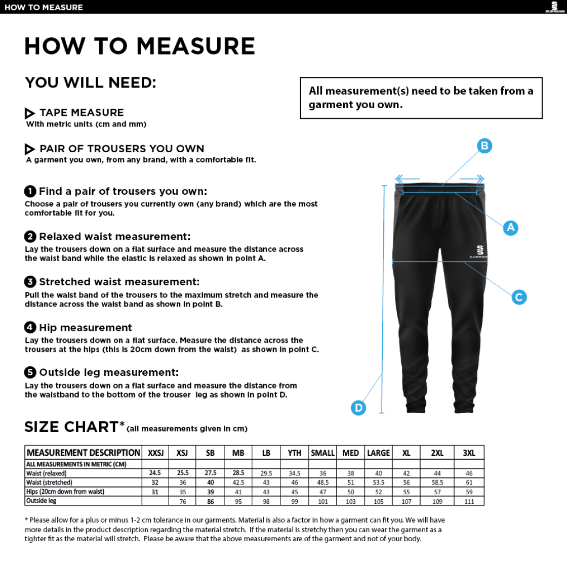 Regents University Tek Pants - Size Guide